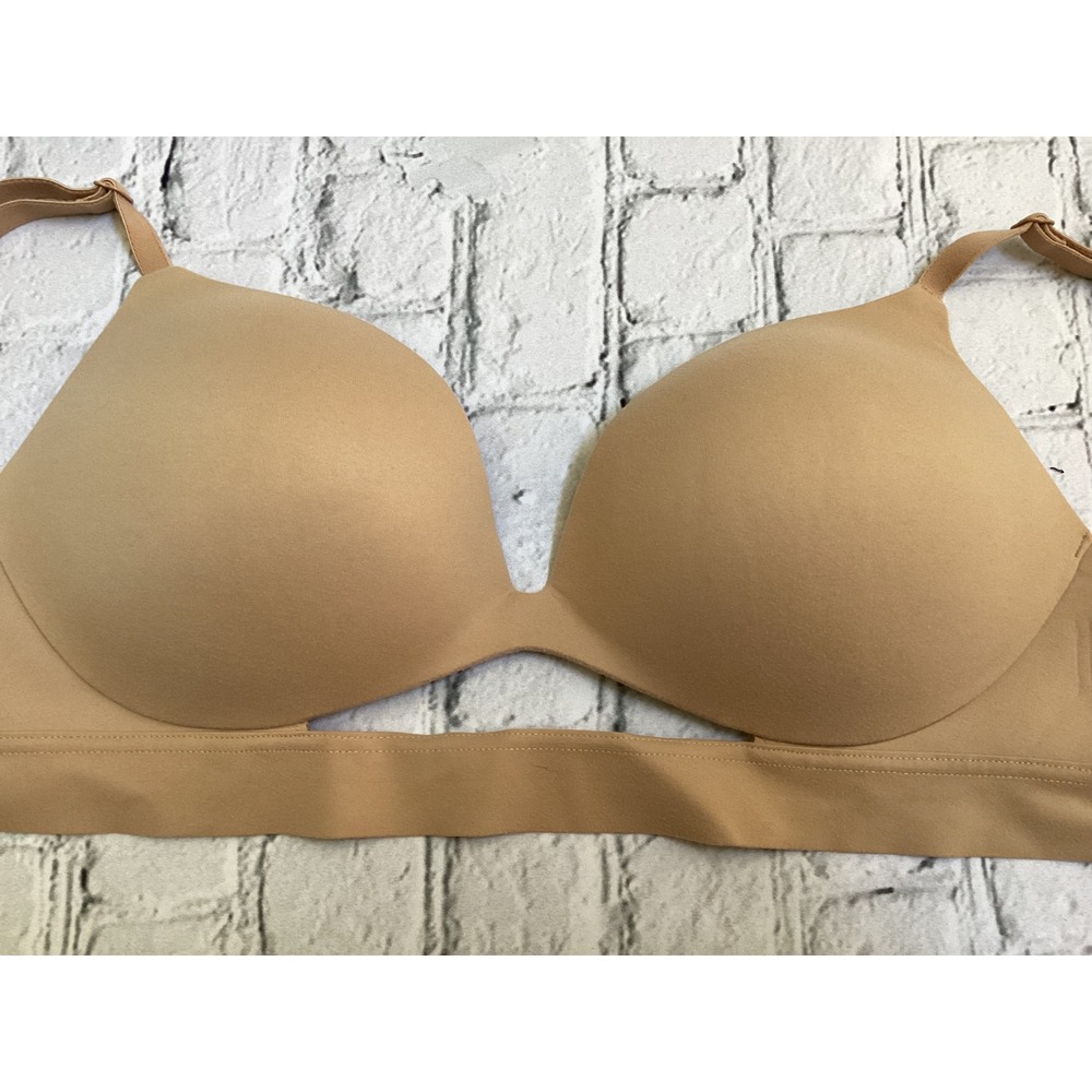 Victorias Secret Wireless Bra Tan Nude Padded T-Shirt Bra 34C Gold V Logo - Picture 5 of 7
